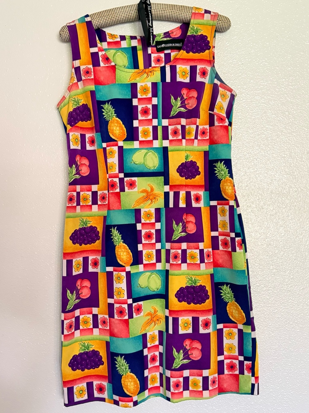 Vintage Fruit Patchwork Mini Dress Colorful Picnic Print 90s Novelty Dress Small